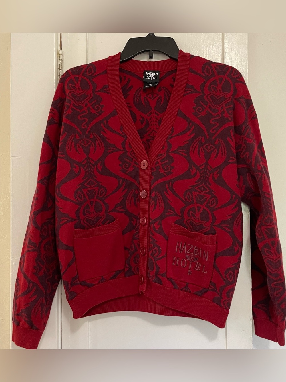 Hazbin Hotel embroidered wallpaper cropped cardigan red and black medium
